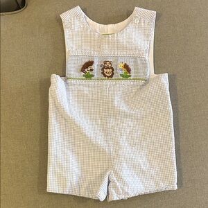 Blue Seersucker Gingham Kids Shortall with animal smocked design